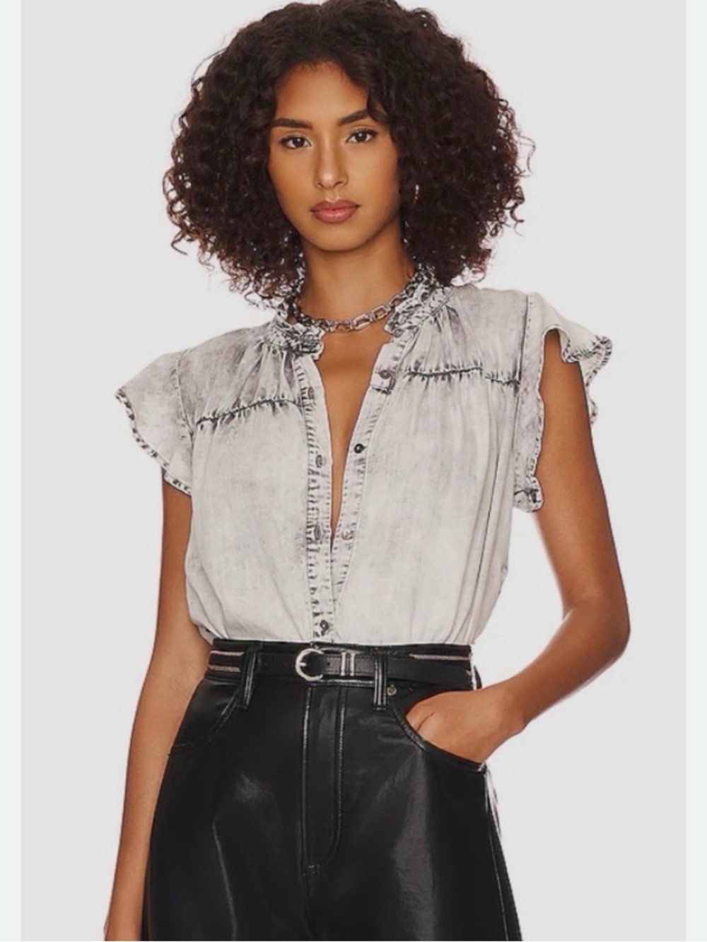 Rails Ruthie Button Down Acid Wash Ruffle Charcoal Cloud Wash Womens Size M